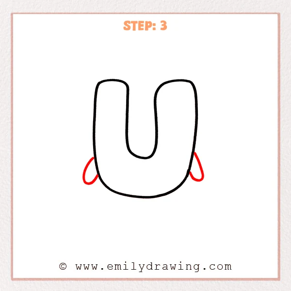 how to draw a bubble letter u - A bold bubble letter U with two small oval loops peeking out from behind the left and right lower sides, adding decorative detail.